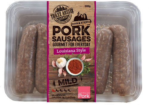 Louisiana Gourmet Pork Sausages - Three Aussie Farmers and Dan and Steph - Available in Coles