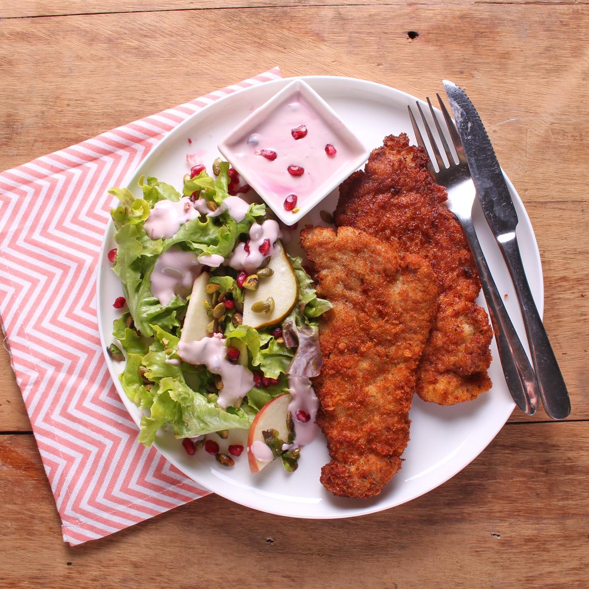 Pork Schnitzel with Pear Salad and Pomegranate Dressing