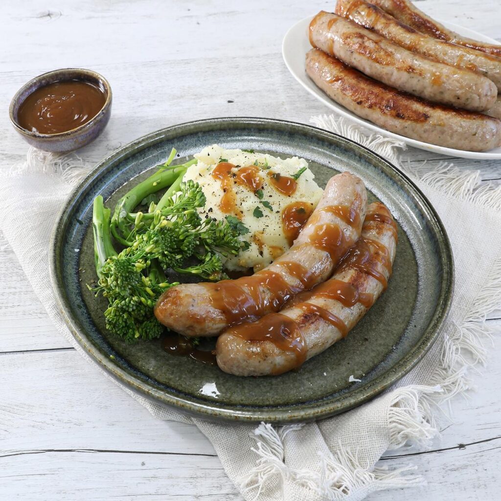 Farmhouse Sausages With Apple Cider Gravy & Roasted Garlic Mash, australian pork, heatlhy meal quick and easy 