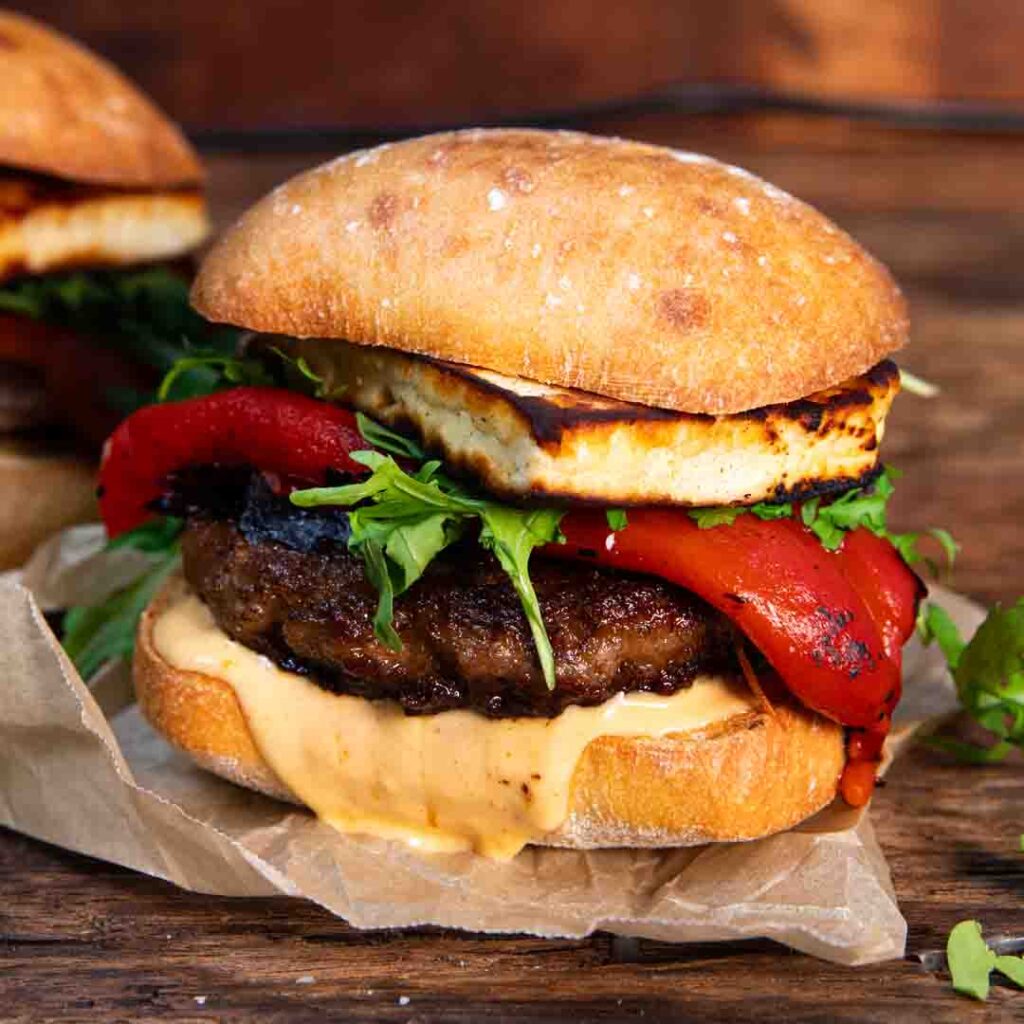 Three Aussie Farmers - Haloumi & Roast Capsicum Burger With Peri Peri Mayo