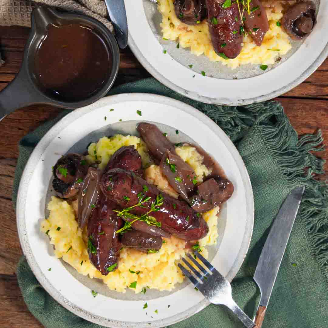 Three Aussie Farmers - Poached Sausages in Red Wine